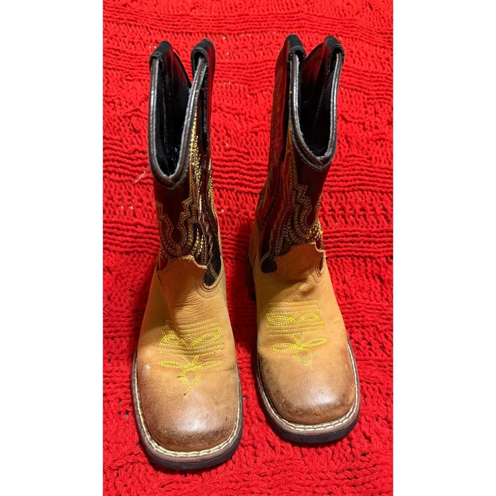 JB Dillon Kids Leather Western Cowboy Boots Tan Black Square Toe JBCE2000C 11.5